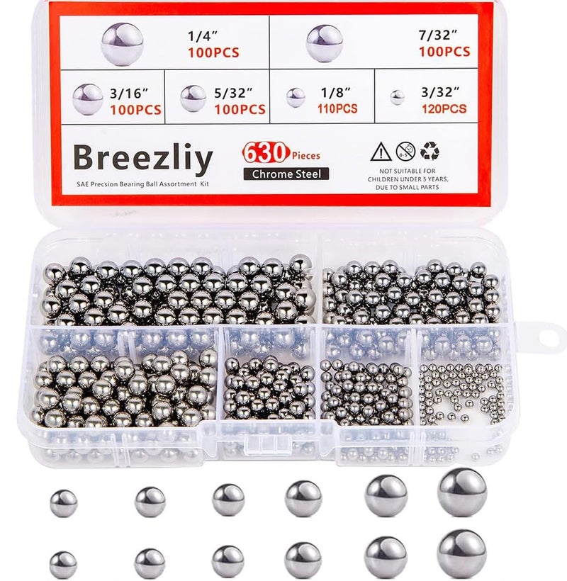 Breezliy 630 Piece Assorted Loose Bicycle Bearing Balls 1/4"" 7/32"" 3/16"" 5/32"" 1/8"" and 3/32"" - Image 1